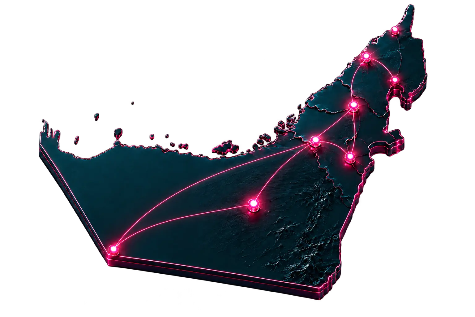 Stylised UAE map showing seven connected delivery points